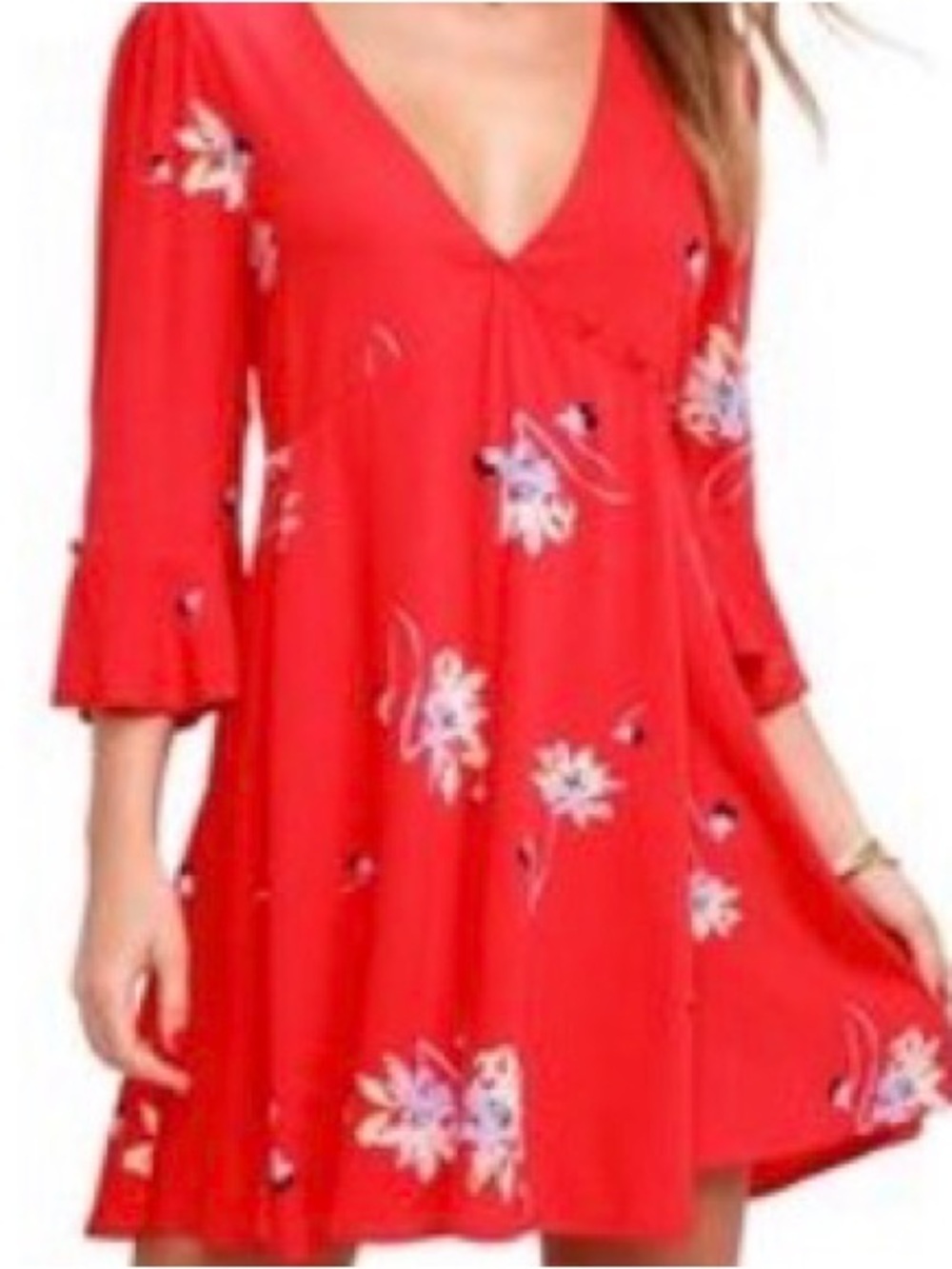 Free People dress Red Floral‎ Wrap Size Small Bell 3/4 sleeve Mini